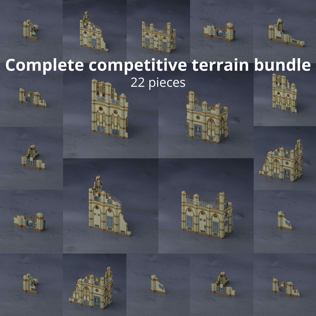 Grimdark gothic ruins terrain for Warhammer 40K tabletop, modular 3D printed bundle containing 22 competitive terrain.