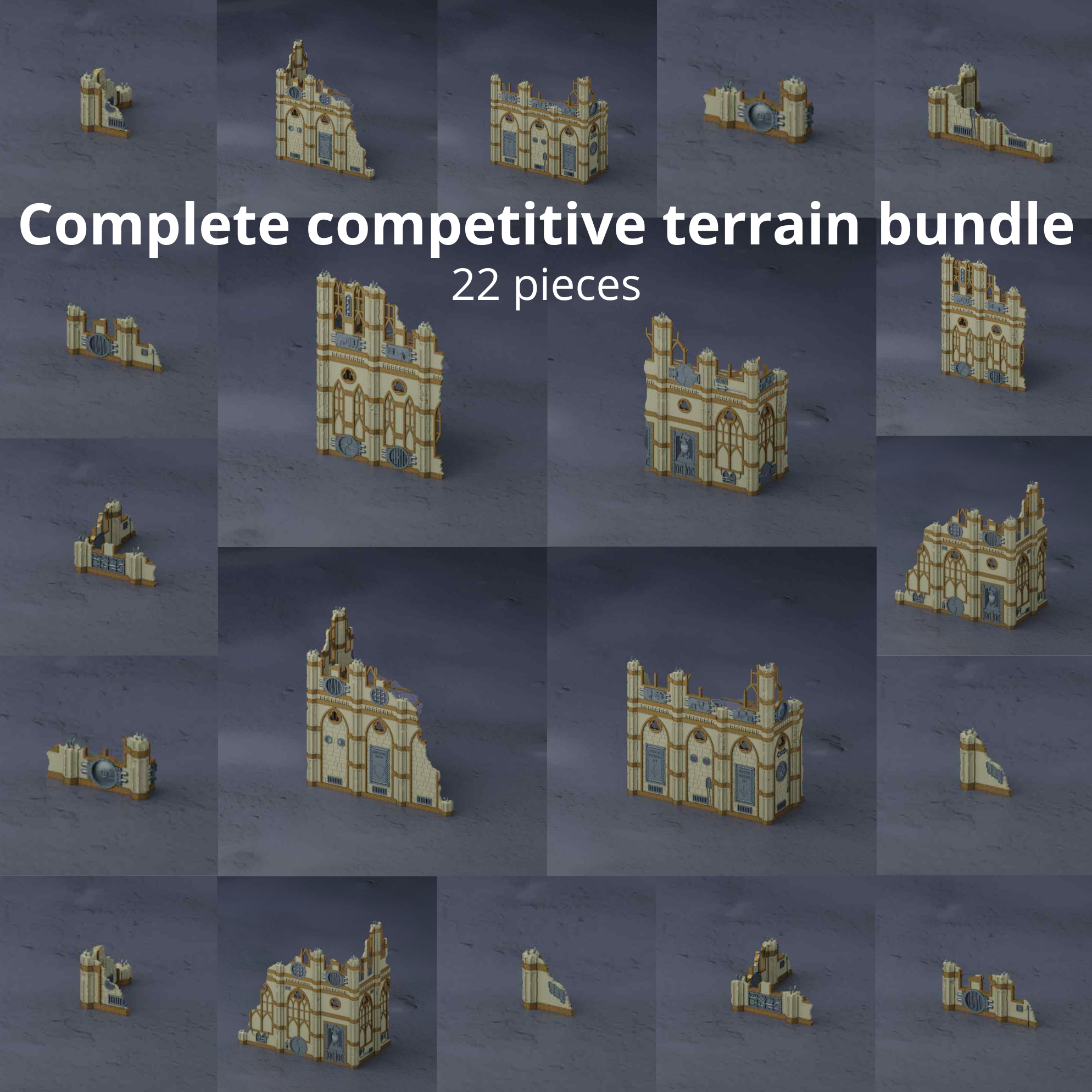 Grimdark gothic ruins terrain for Warhammer 40K tabletop, modular 3D printed bundle containing 22 competitive terrain.