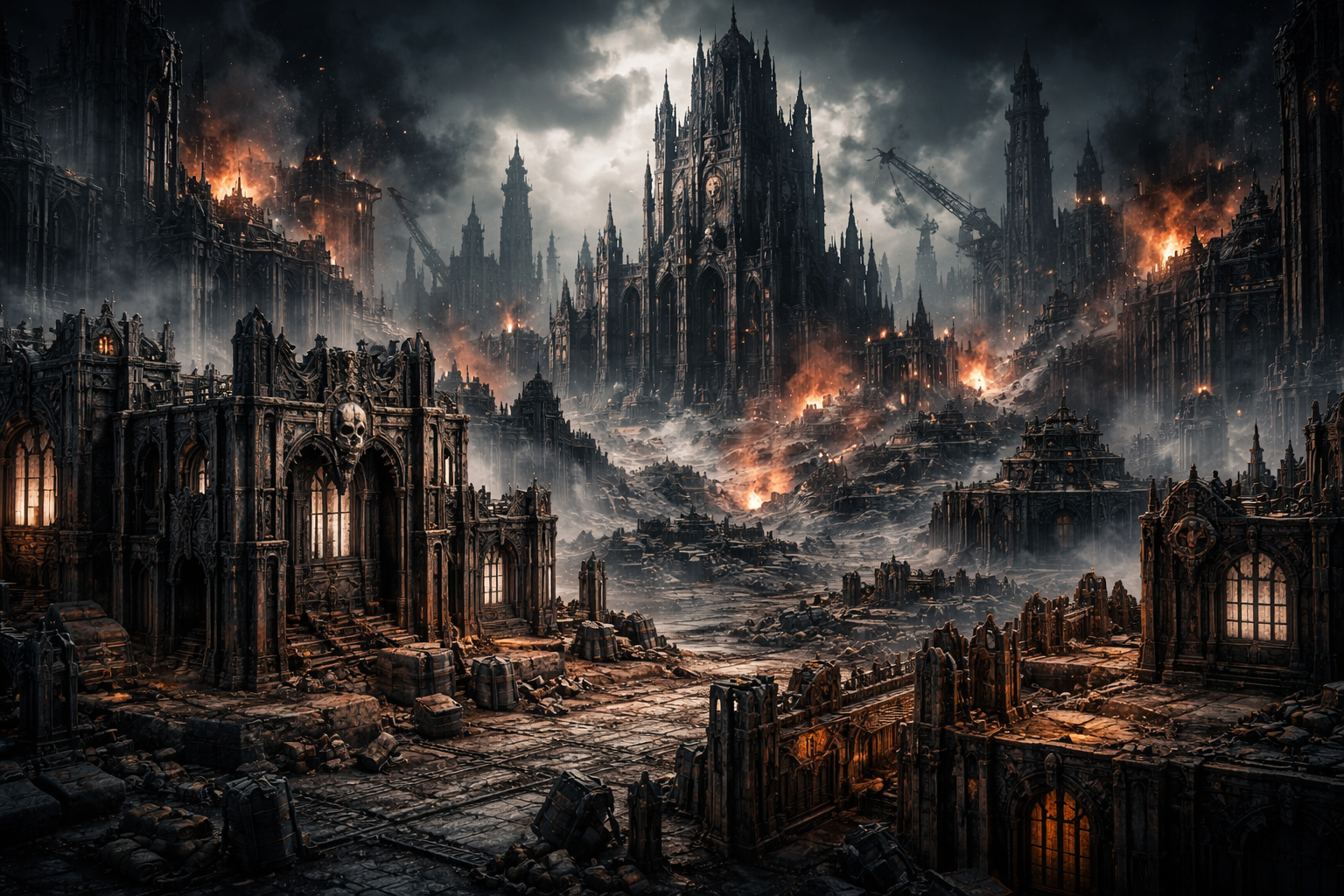 Dark, gothic cityscape with towering structures and fires