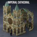 3D renders of the front of a damaged gothic cathedral. 