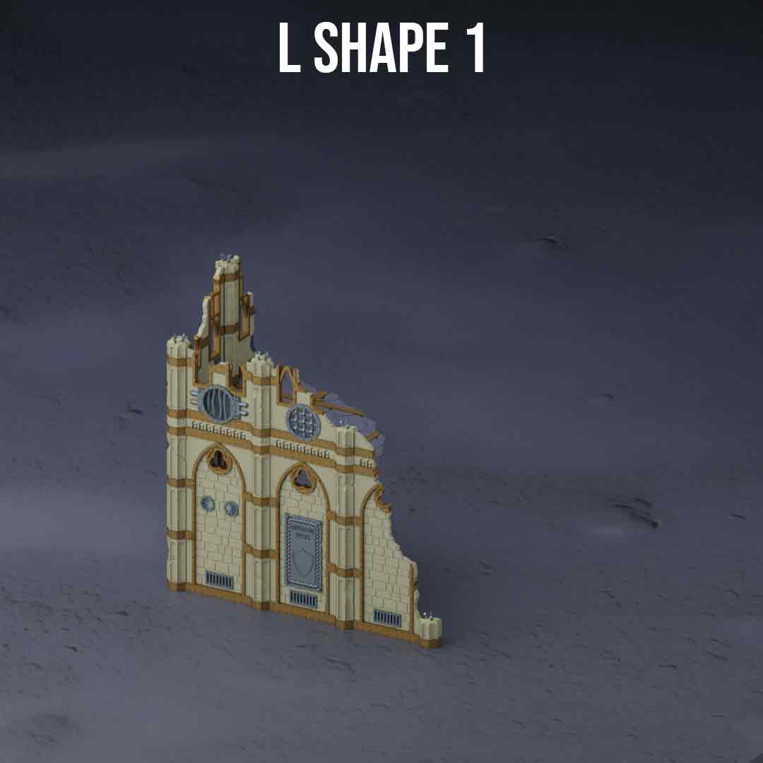 28mm 3D-printed L Shaped 2 storey Ruin in grimdark style for wargames. 