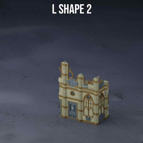 28mm 3D-printed L Shaped 2 storey Ruin in grimdark style with closed doors on the 1st floor for wargames. 