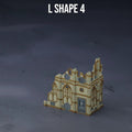 28mm 3D-printed L Shaped 2 storey Ruin in grimdark style with arches and closed doors on the 1st floor for wargames. 