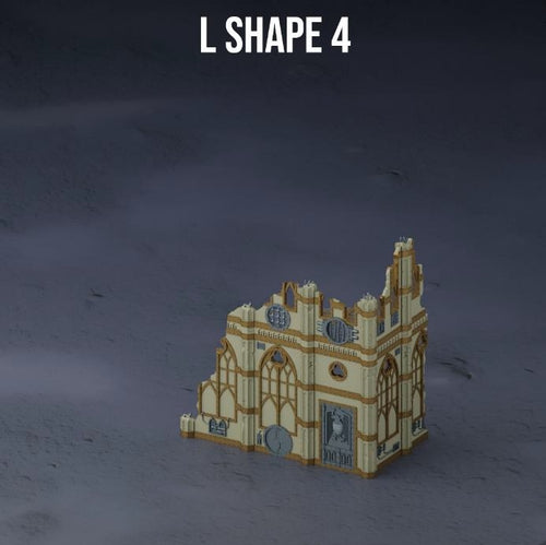 28mm 3D-printed L Shaped 2 storey Ruin in grimdark style with arches and closed doors on the 1st floor for wargames. 