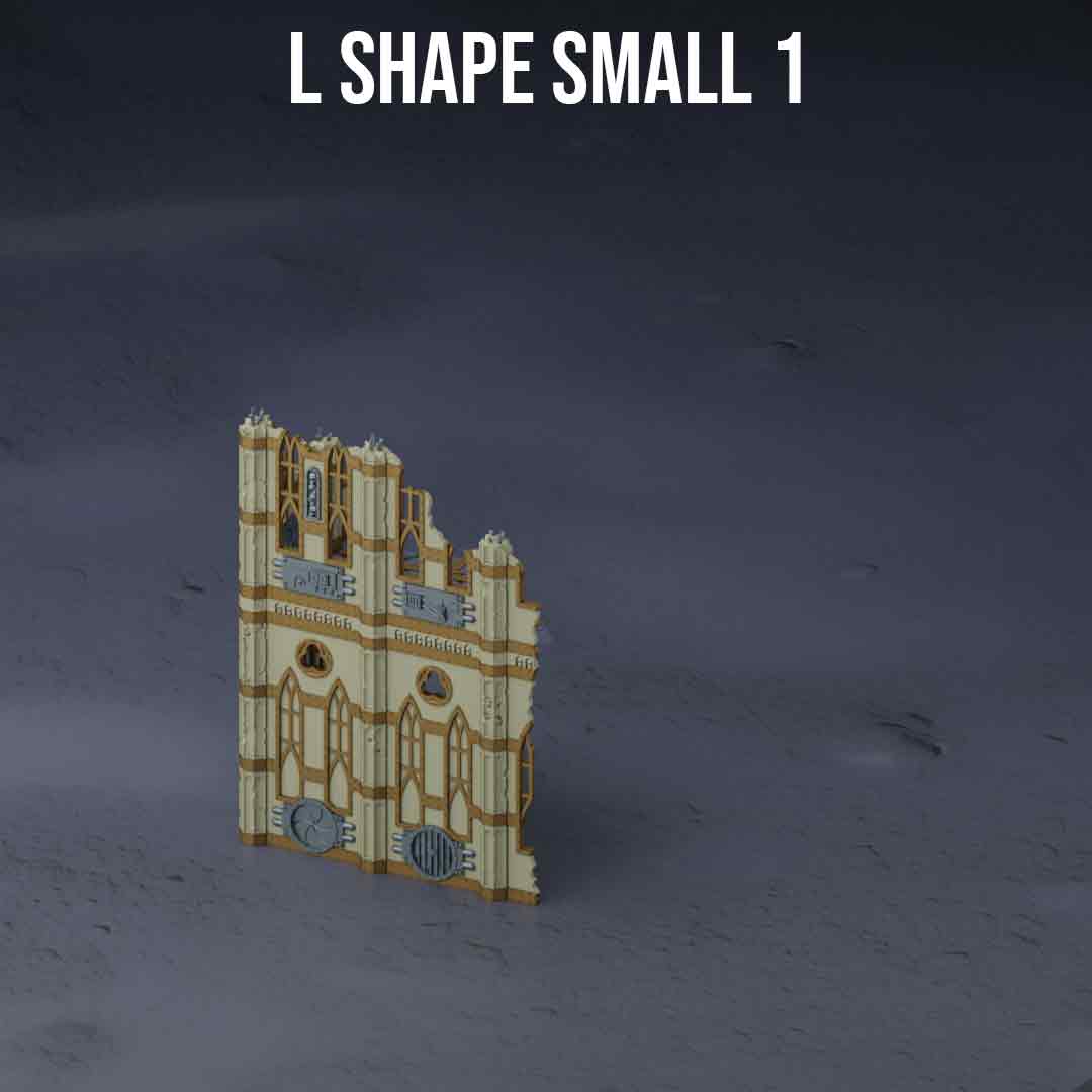 28mm 3D-printed L Shaped 2 storey Small Ruin in grimdark style with arches on the 1st floor for wargames. 