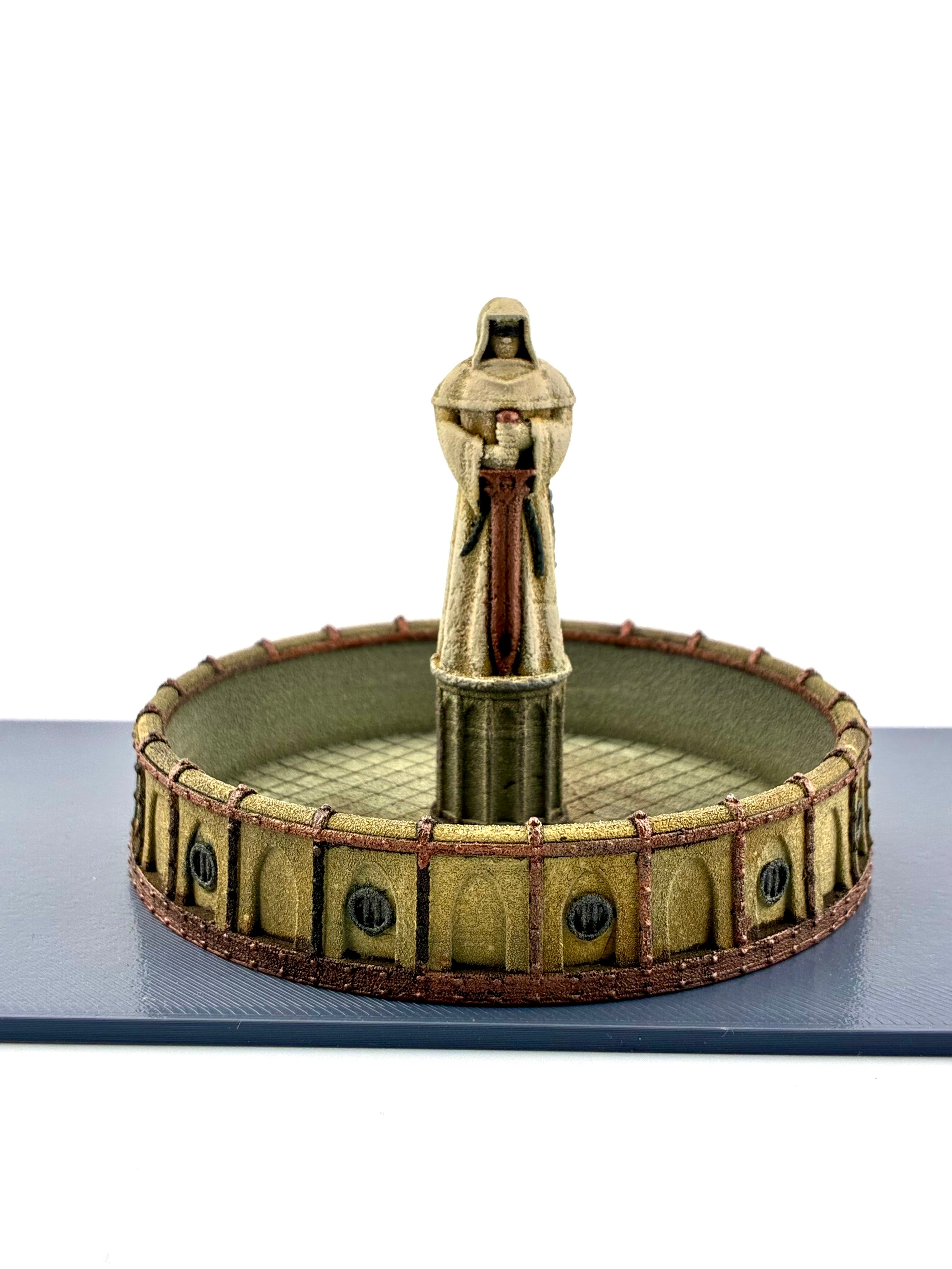 3d printed gothic Martyr's fountain on a footprint, front view