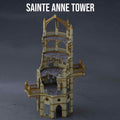 3D render of a gothic sci‑fi 4 storey tower for Warhammer 40k and tabletop wargames, 3D printed style with detailed arches, damaged walls and two balconies.