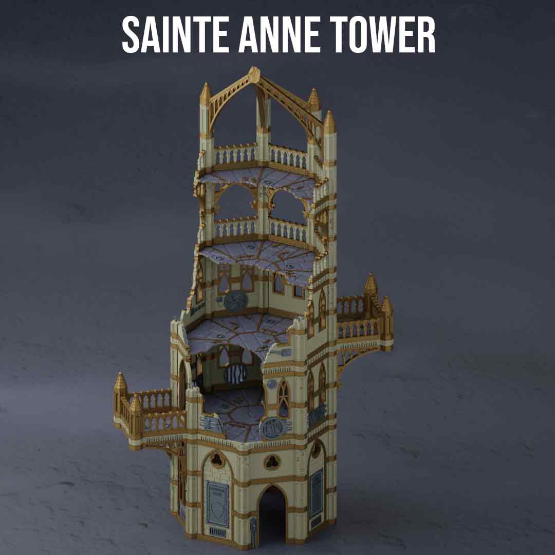 3D render of a gothic sci‑fi 4 storey tower for Warhammer 40k and tabletop wargames, 3D printed style with detailed arches, damaged walls and two balconies.