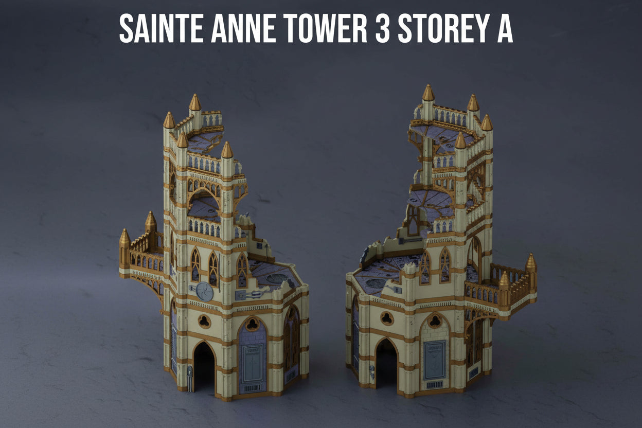 3D render of a gothic sci‑fi 3 storey tower for Warhammer 40k and tabletop wargames, 3D printed style with damaged walls and a balcony. 