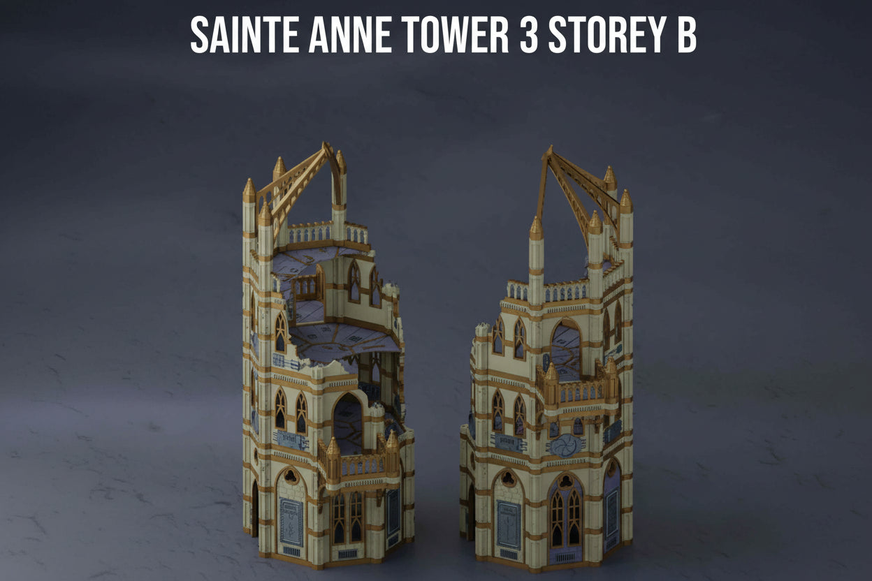 3D render of a gothic sci‑fi 3 storey tower for Warhammer 40k and tabletop wargames, 3D printed style with detailed arches, damaged walls and two balconies.