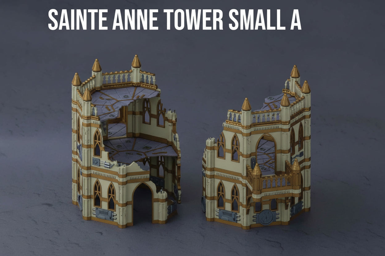 3D render of a gothic sci‑fi 2 storey tower for Warhammer 40k and tabletop wargames, 3D printed style with damaged walls and a balcony.