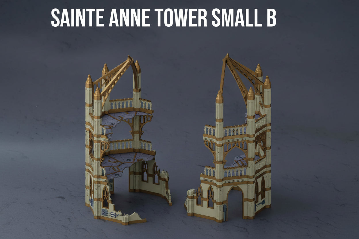 3D render of a gothic sci‑fi 2 storey tower for Warhammer 40k and tabletop wargames, 3D printed style with detailed arches and damaged walls.